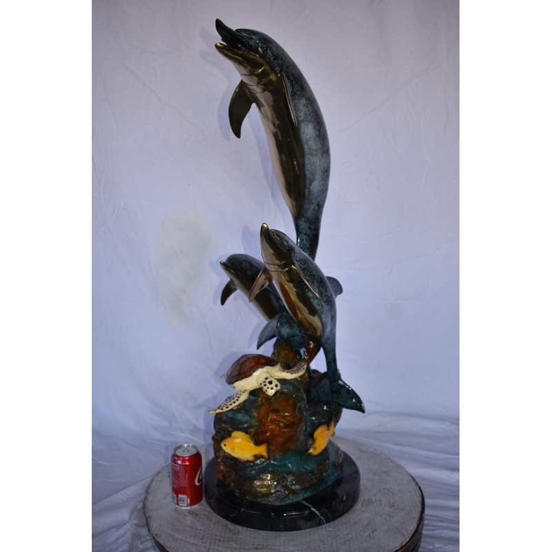 Bronze Three Dolphins Swim next to a Sea Turtle Fountain