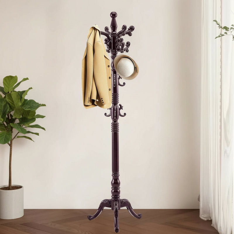 Retro Solid Wood Floor Coat Rack With A Stable Triangular Base And 14 Hooks For Convenient Storage. Suitable For Entryways And Offices, Its Simple Design Exudes Understated Elegance.