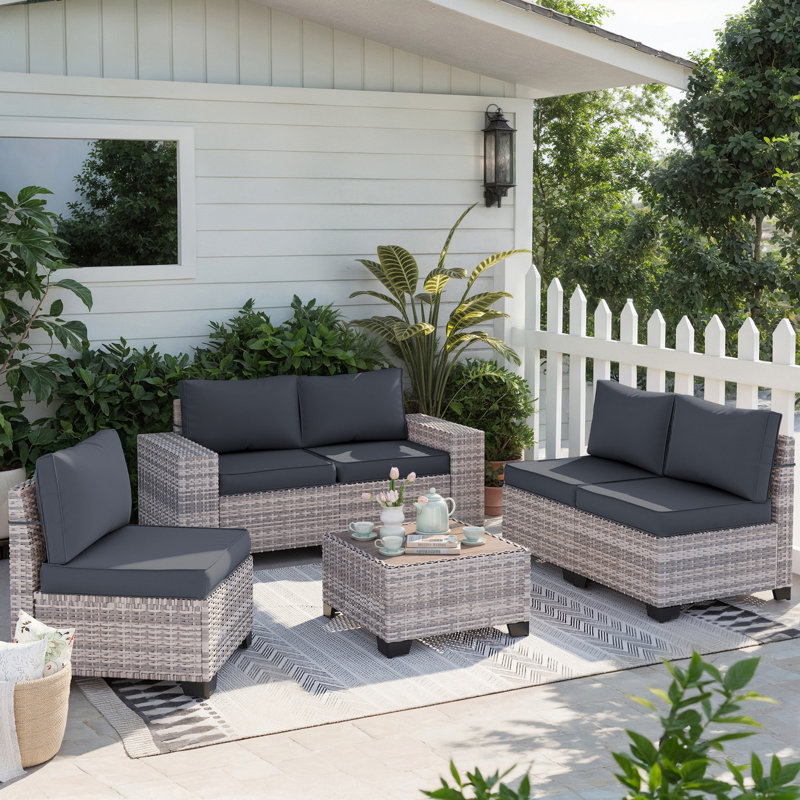 Muphyers 6-Piece Outdoor Patio Furniture Set Wicker Sectional Sofa Set, Patio Conversation Set with Thickened Cushions & Coffee Table for Garden, Backyard, Poolside