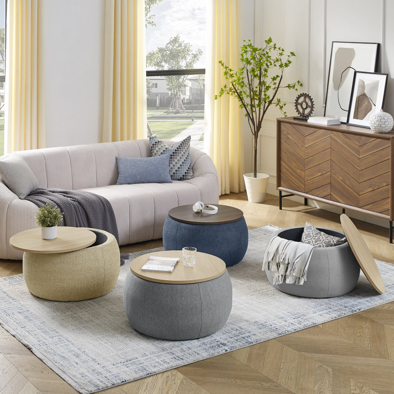 Repose-pieds rond avec rangement Dariyan, Tissu gris foncé