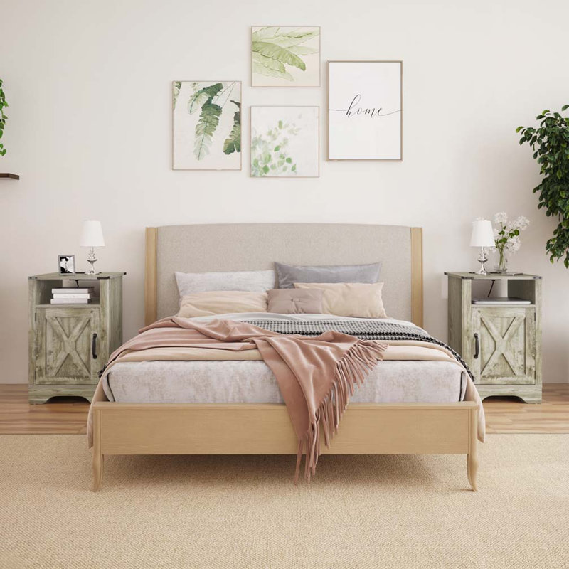 Farmhouse Nightstand Side Table with Electrical Outlets Charging Station