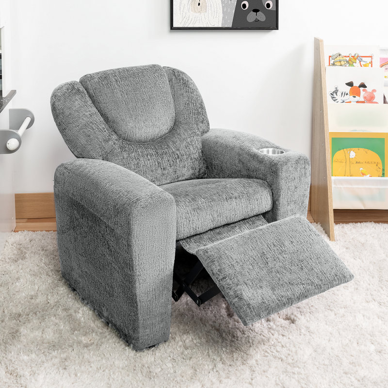 Roomy Kids' Recliner Chair with Cup Holder, Toddler Recliner With Push-Back Design, and Adjustable Footrest, Gray Chenille