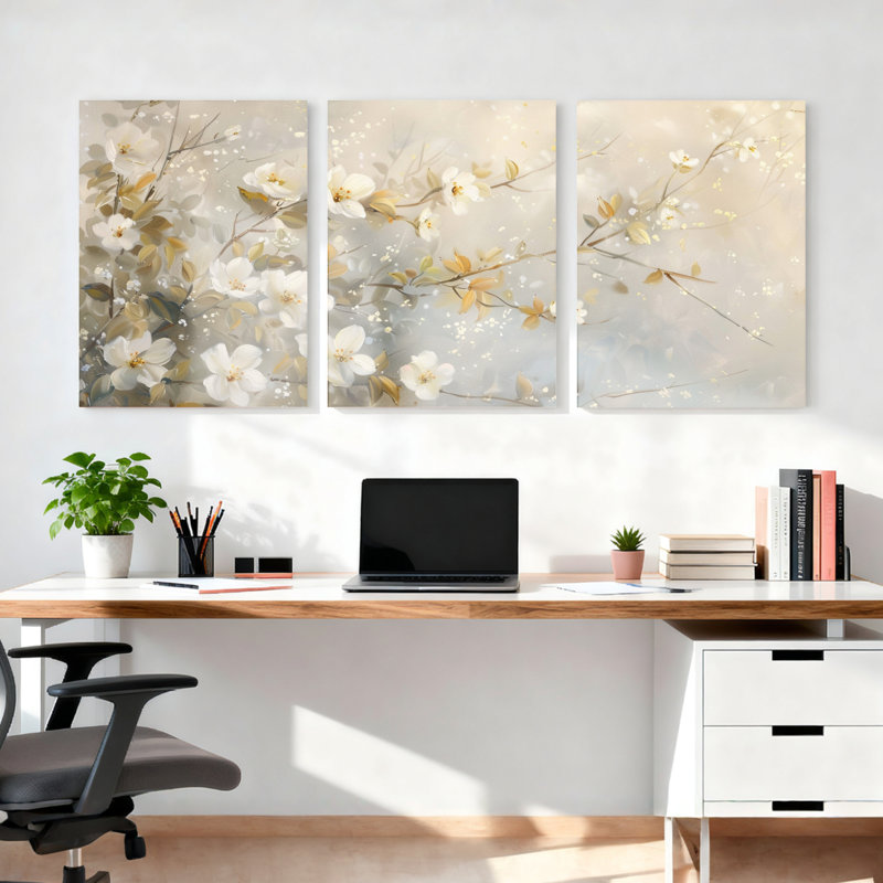 Ensemble de 3 tableaux muraux sur toile tendue, motif floral de fleurs de cerisier blanches, pour salon, chambre à coucher et décoration intérieure.