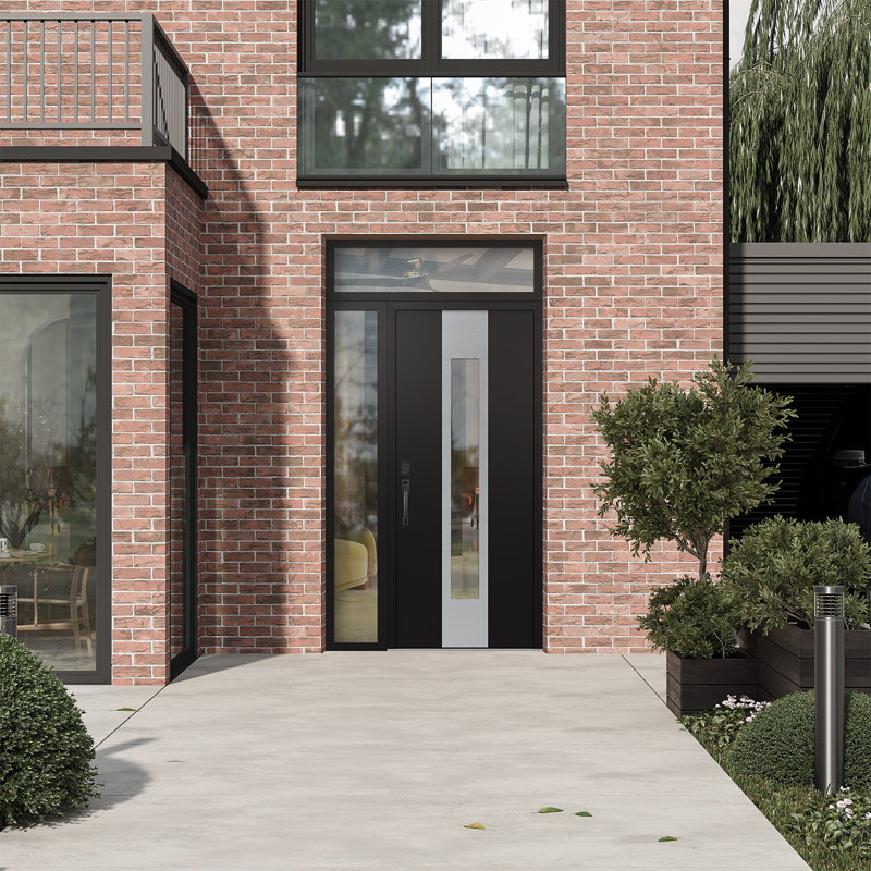 Porte d'entrée avant à panneau en acier argenté avec panneau latéral droit Diamond A., L 50 po x H 96 po, Noir, Clair