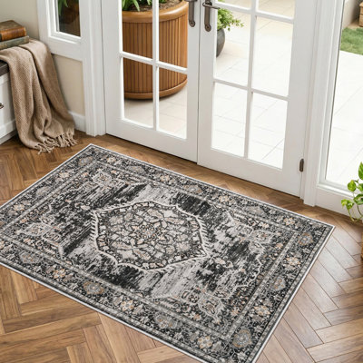 Washable Entryway Rug: Farmhouse Kitchen Hallway Rug Wide Soft Water Resistant Floor Mat for Bathroom Nursery Non Slip Indoor Carpet for Living Room Bedroom Dining Room(Black)