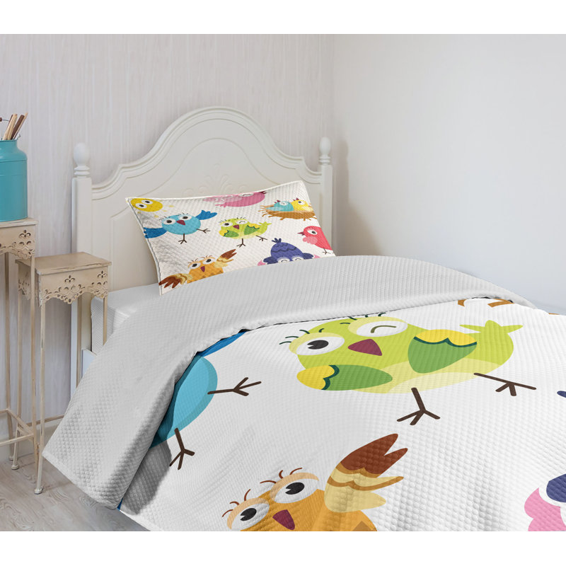 White Twin Quilted Bedspread Set with Cartoon Birds