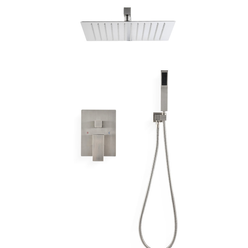 Ceiling Shower System With Handheld And 16" Head - Brushed Nickel, Brass, Natural Rainfall , Self-cleaning Nozzle, Complies American Standard Pipe Specifications & Recreation,