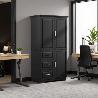 Armoire de rangement haute et large à 3 tiroirs avec portes, organisateur de salle de bain / bureau en MDF noir avec tablettes réglables et dispositif anti-basculement