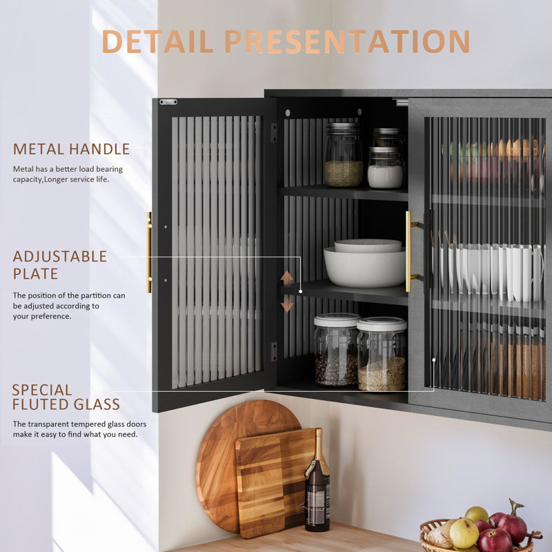 Kitchen Wall Cabinet Set, Glass Doors, Black