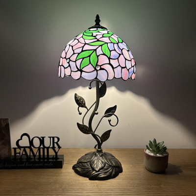 Lampe de table Haydee Tiffany Vitrail mauve Feuilles vertes Ampoule DEL incluse Feuilles en métal de fer l 10 po x P 10 po x H 20 po