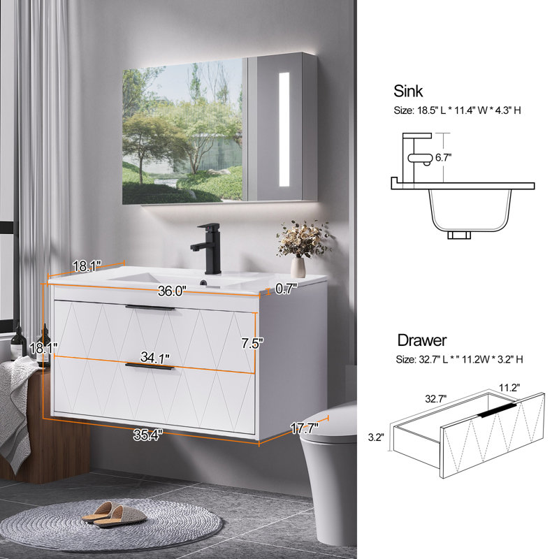 Sharee 36" Single Bathroom Vanity Set With Sink Top, Faucet, Pop Up Drain, Floating Cabinet, White