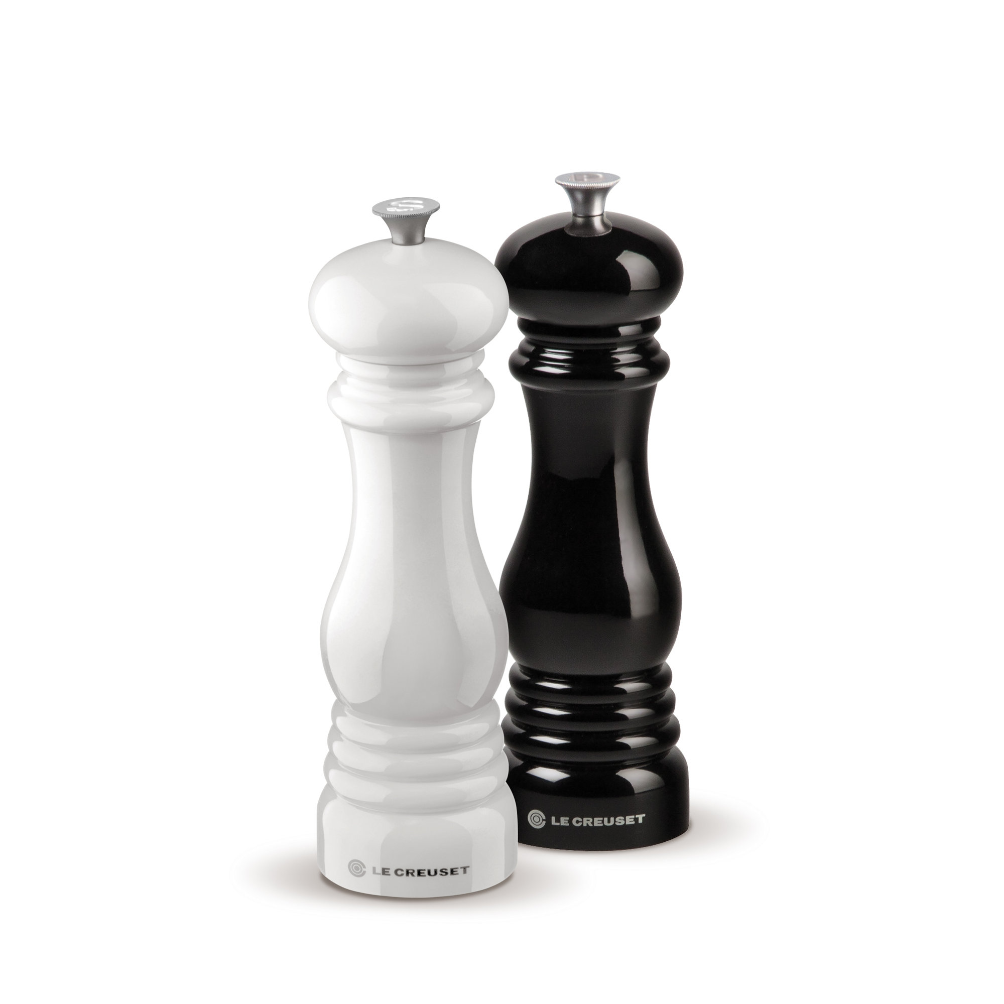 Le Creuset Set of 2 Salt and Pepper Mills, Black/White, 8" H x 2.5" W x 2.5" D