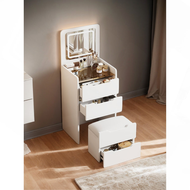 3 In 1 Vanity Desk With Plip Top Mirror, Small Make Up Vanity Set With Visible Glass Desktop, Compact Makeup Vanity With 3 Drawers, Dressing Table For Bedroom