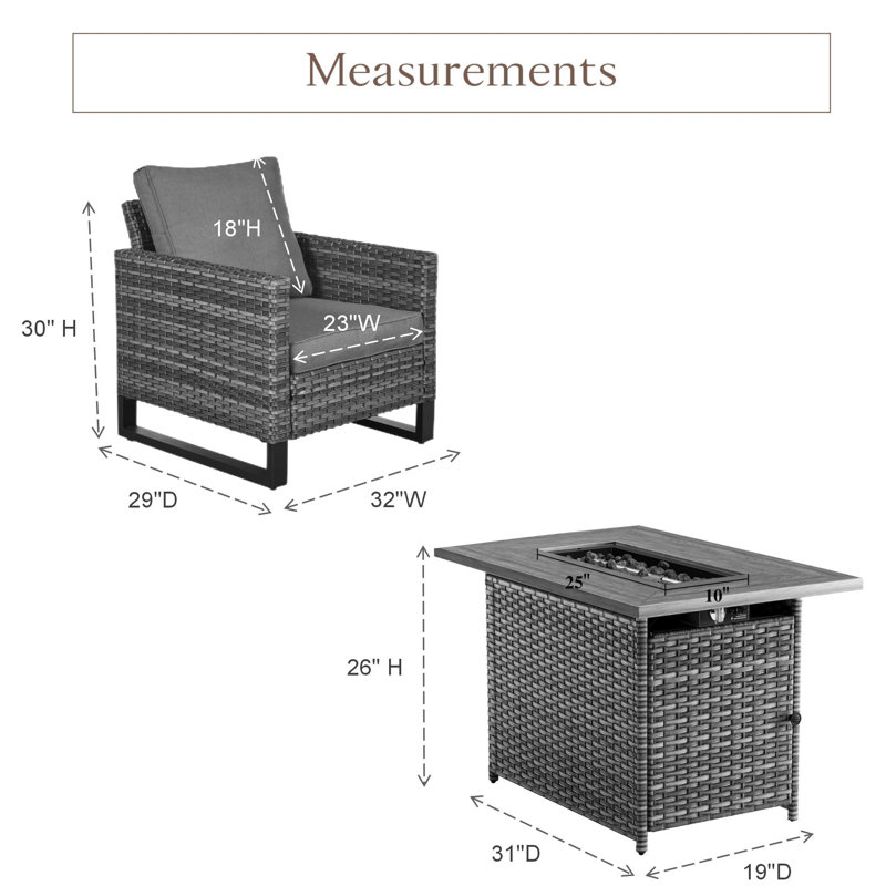 Ensemble de conversation d'extérieur pour 4 personnes avec foyer de 41 po et coussins Kreda, Gris, Beige