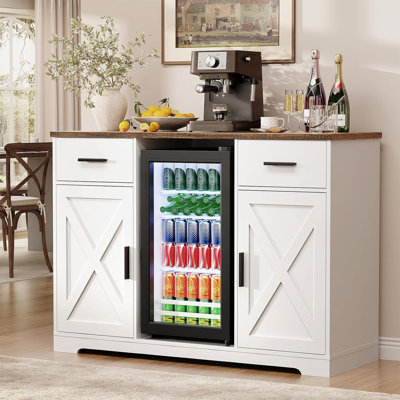 Armoire à café avec réfrigérateur (réfrigérateur inclus), armoire de ferme 47 po avec rangement, buffet avec 2 tiroirs et grand comptoir pour le salon, la cuisine, blanc