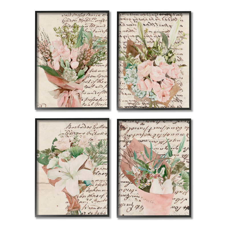 «Quaint Pink Flowers Green Leaves Vintage Brown Script» par Melissa Wang - ensemble de 4 impressions, H 20 po x l 16 po