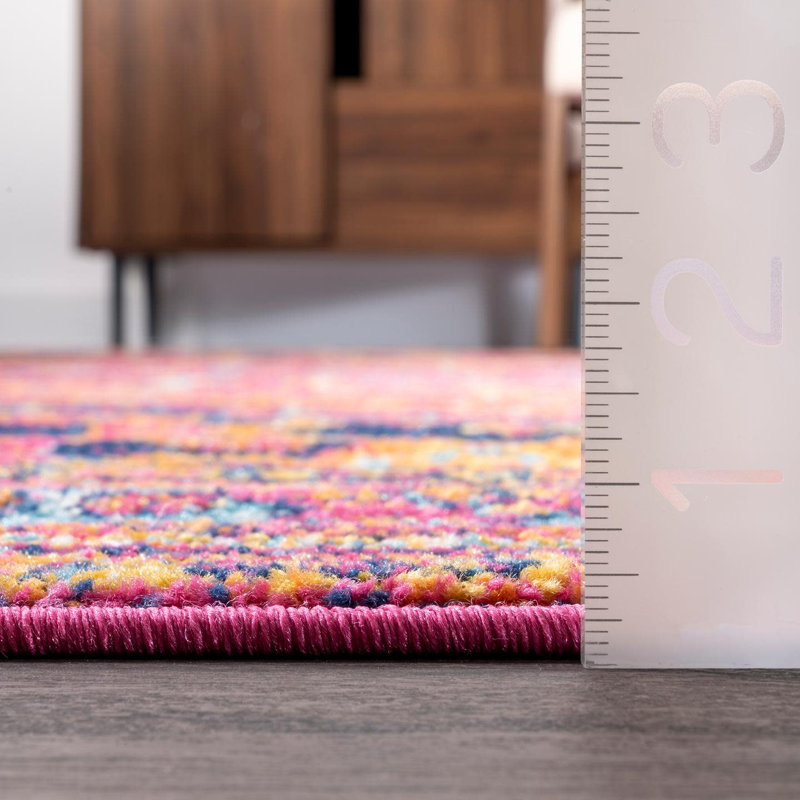Aliece Bohemian Medallion Power Loom Performance Pink/Orange Rug, Runner 2'6" x 10'