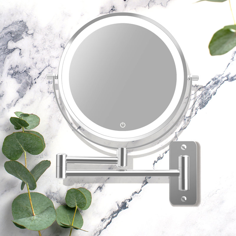 Metal Wall Mounted 8" Led Makeup Mirror With Magnification, 3 Color Led Lights Makeup Mirror, Chrome, 10x