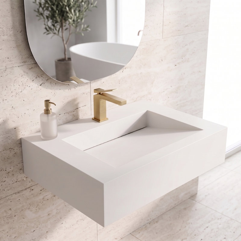 Lavabo de salle de bain mural Pyramid 24 "avec cuve à rampe - blanc, Simple, Blanc