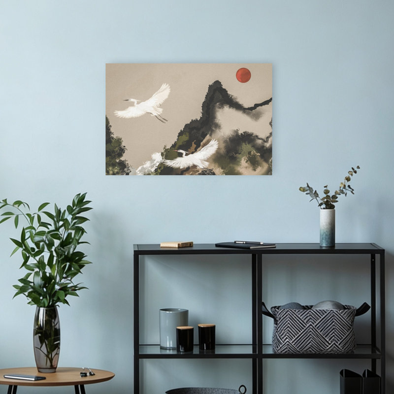 «Red Sun Egret Flight», art minimaliste, paysage serein, oiseau, 12" H x 18" W