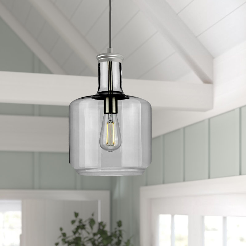 Luminaire suspendu tambour simple à 1 lumière Longmeadow, Argent, H 14 po x l 12,25 po x P 12,25 po