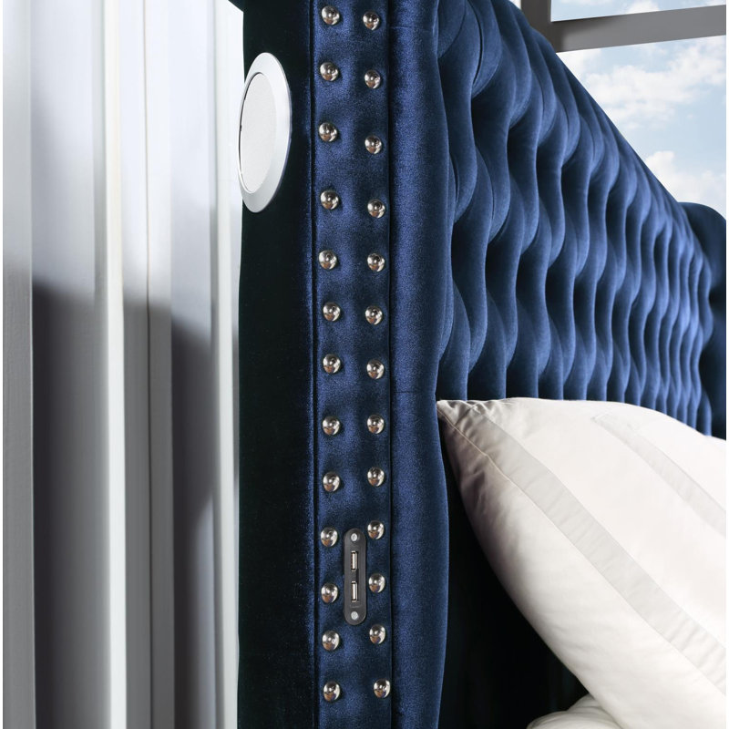 Lit Queen en velours bleu avec haut-parleur Bluetooth et port USB, Grand lit