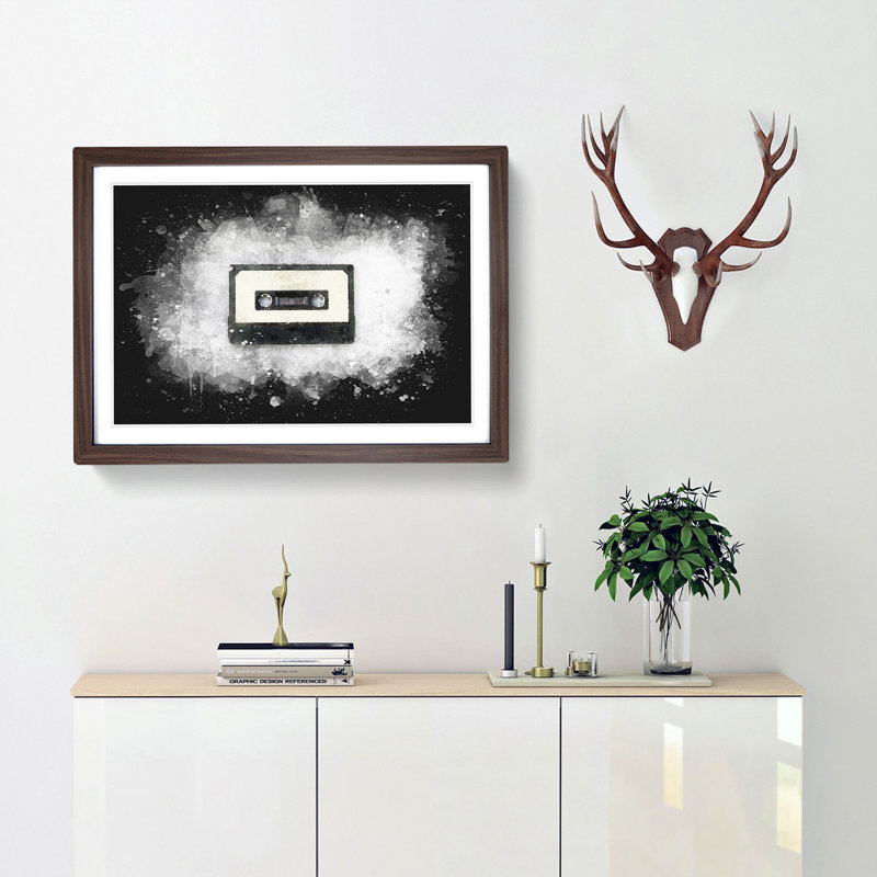 Retro Style Cassette Tape - Picture Frame Graphic Art, 45cm H x 63cm W x 2cm D, Walnut Framed