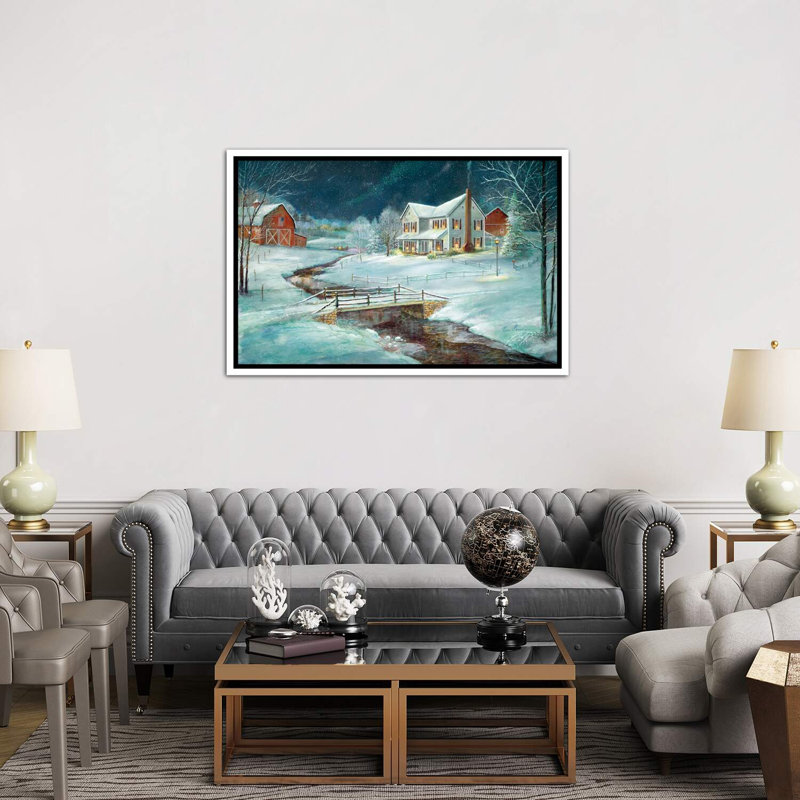 «Winter Serenity» par Ruane Manning - Peinture, H 40 po x l 60 po x 1,5 po, Cadre flottant blanc