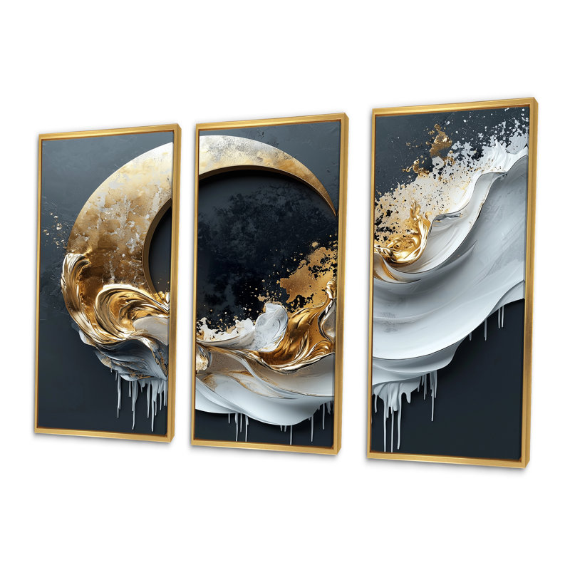 «Black and Gold Moon Lines II - Abstract Shapes», ensemble d'impression d'art mural, Toile avec cadre flottant or
