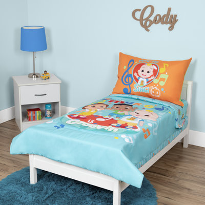 NoJo CoComelon 3 Piece Toddler Bed Set with Bonus Tote - Comforter, Fitted Bottom Sheet, Reversible Pillowcase, and Tote - Blue, Orange, Yellow