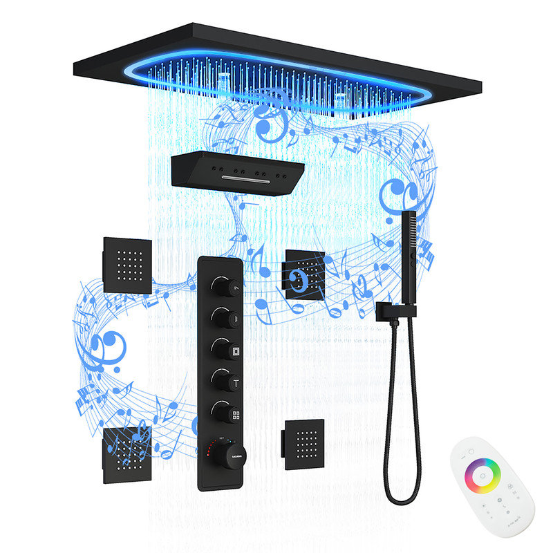 Système de douche thermostatique à DEL 5 fonctions avec musique Bluetooth, 4 jets corporels, douche à main