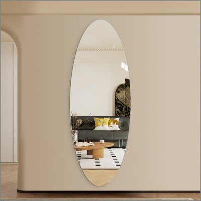 Miroir mural 63 po x 21 po moderne ovale pleine longueur, verre argenté sans cuivre HD, incassable et résistant à l'humidité, fixation verticale suspendue ou adhésive, chambre et salon