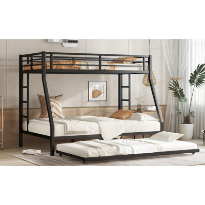 Lit superposé simple au-dessus d'un lit double en métal noir avec structure gigogne, sommeil silencieux, rangement peu encombrant, coffre-fort à utiliser, structure robuste à assemblage simple, avantage de rangement sous le bruit, 38 lattes, pas à pas