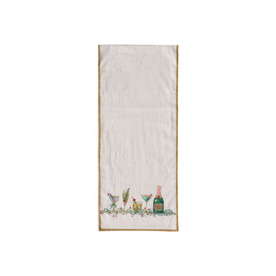 Cotton Printed Table Runner With Holiday Cocktails And Gold Trim