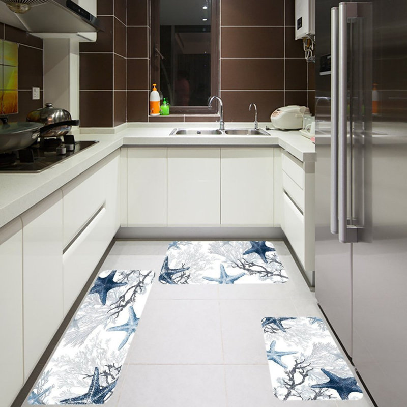 Ensemble de 3 tapis de cuisine bleu et blanc Starfish