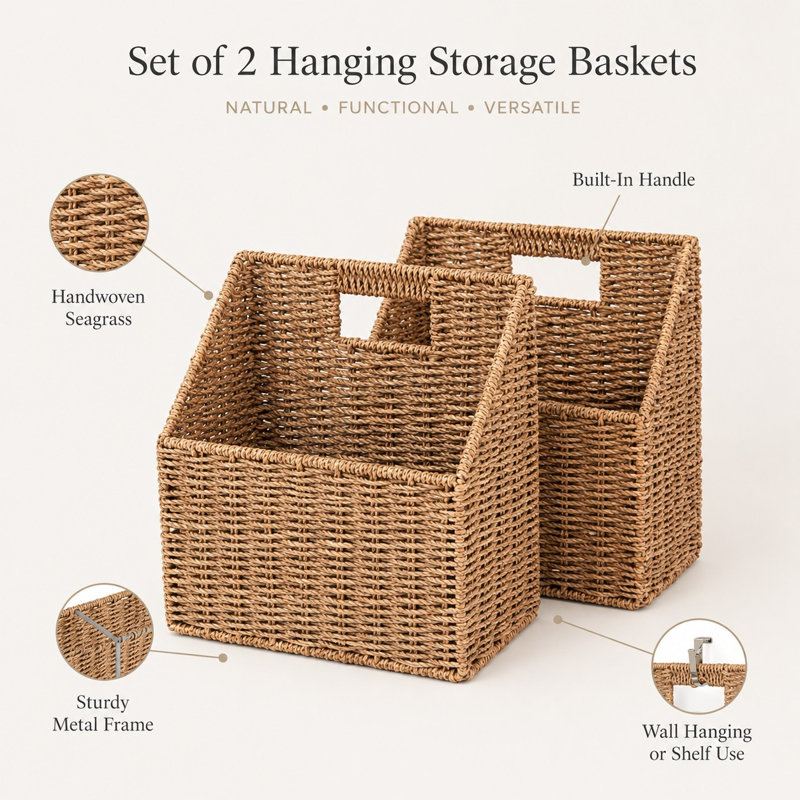 Wicker Hanging Storage Baskets Set of 2 with Seagrass Design
