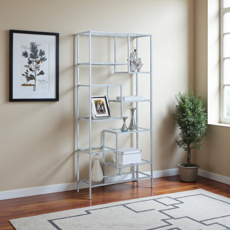 Rona Etagere Bookshelf with 9 Glass Shelves in Silver Finish, 71.76" H X 31.76" W X 11.86" D