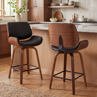 Mid-Century Modern Bentwood Swivel Counter Stool with Leather Upholstered Seat Walnut Finish Metal Footrest