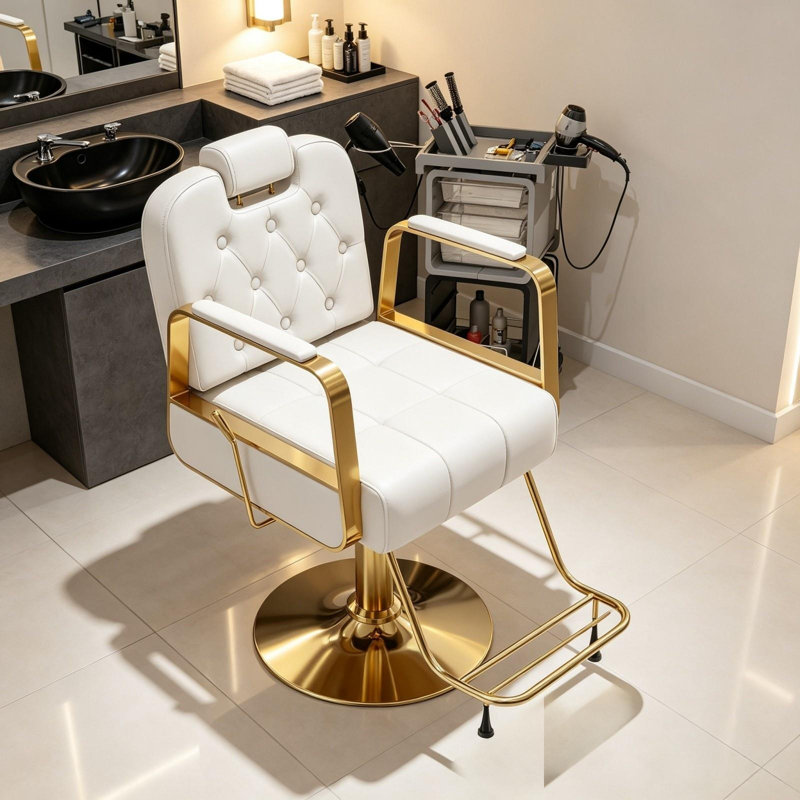 Fauteuil de coiffeur hydraulique à hauteur réglable, fauteuil de salon pivotant, blanc, Beige