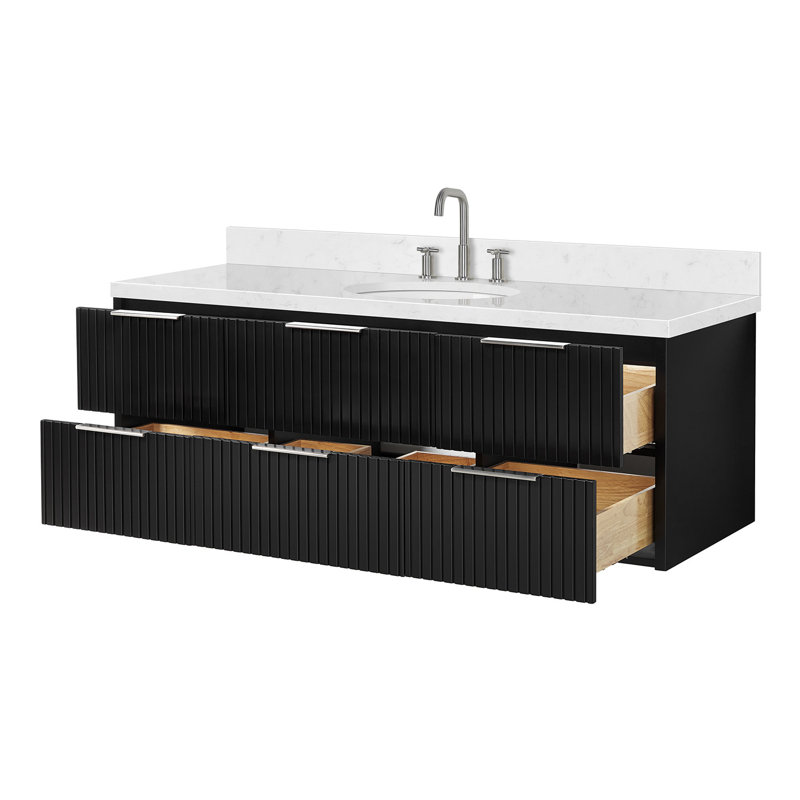 Meuble-lavabo mural simple 60 po avec comptoir à quartz blanc Carrara de 1,5 po Mulloy, Ovale, Noir