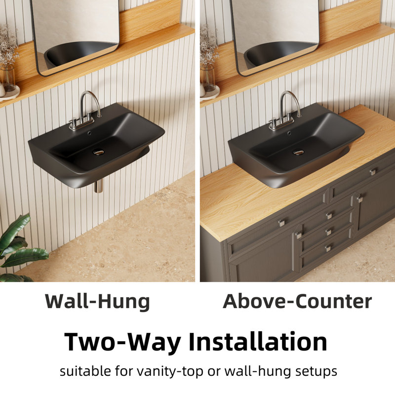 Lavabo mural rectangulaire en céramique avec trop-plein et trous pour robinet central Los Flexi, Noir