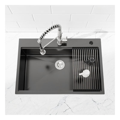 Évier de cuisine encastrable 36 po x 19 po - Bol simple en acier inoxydable 304 de calibre 20 avec fixation pour robinet cascade et finition noire