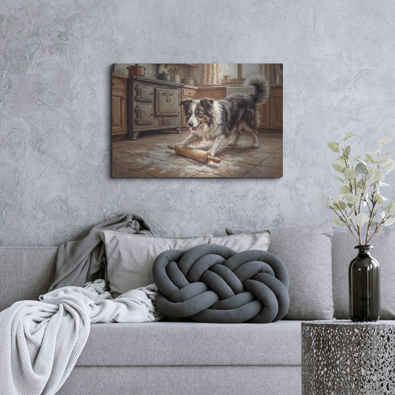  «Border Collie In The Kitchen» par Rich Monet, art mural en métal, 36 po x 24 po