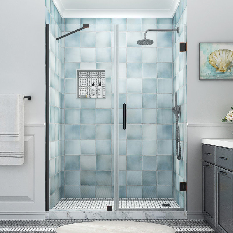 Porte de douche à charnière sans cadre avec verre transparent StarCast l 67,25 po x H 80 po Belmore XL, Verre givré
