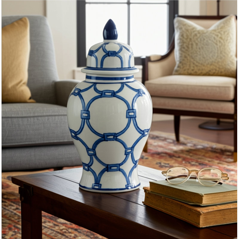 Cinya Ceramic Vase and Decorative Temple Jar with Lid - Elegant Flower Vase for Home Decor, 14" H x 7" W x 7" D