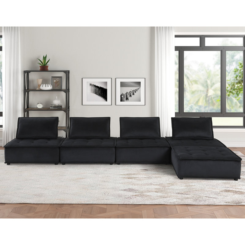 Canapé modulaire 5 pièces en velours avec repose-pieds noir, H 29 po x l 80 po x P 80 po