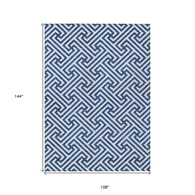 Blue And Ivory Geometric Washable Indoor Outdoor Area Rug, Rectangle 9' x 12'