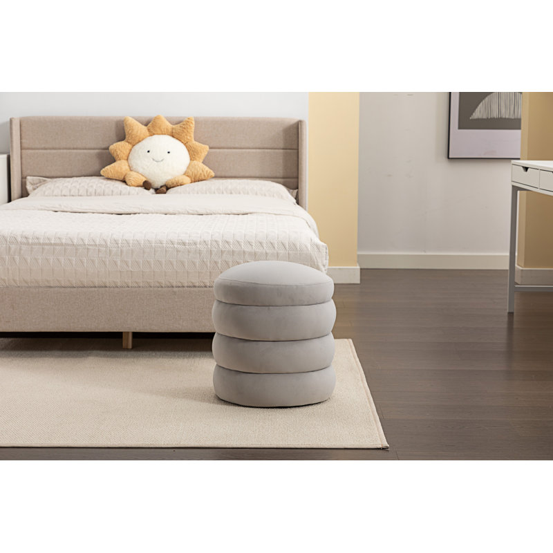 Repose-pieds rond Hasset, repose-pieds rond doux, repose-pieds, Mélange de polyester gris clair
