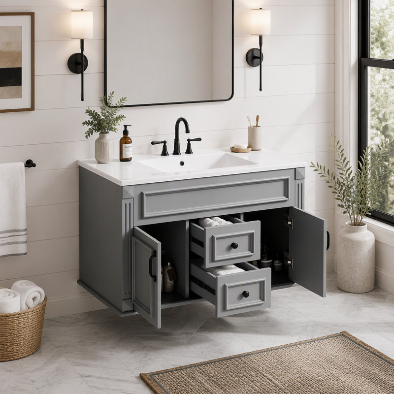Meuble-lavabo mural 36 po avec lavabo et tiroirs en céramique, meuble-lavabo simple de style français avec charnières à fermeture douce