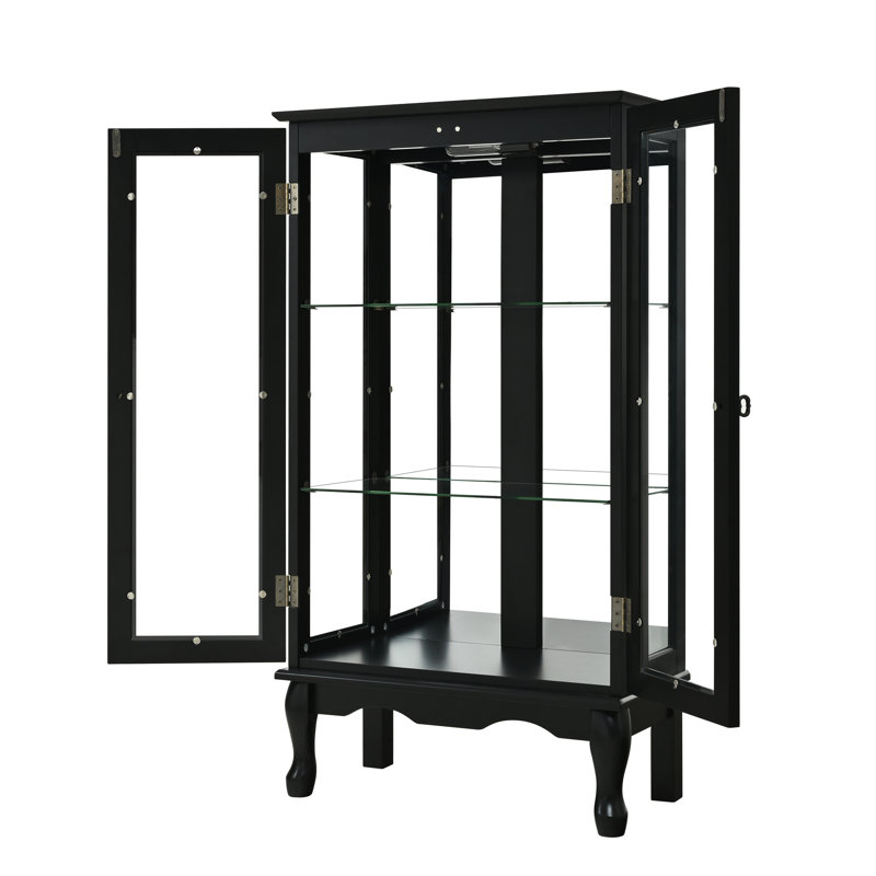 Cabinet Curio avec tablettes réglables et panneau arrière en miroir, portes en verre trempé (noir, 3 niveaux), Noir